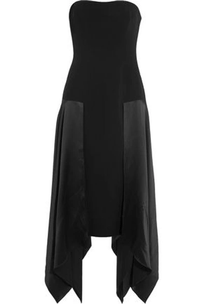 Shop Cinq À Sept Strapless Draped Silk-paneled Crepe Midi Dress In Black