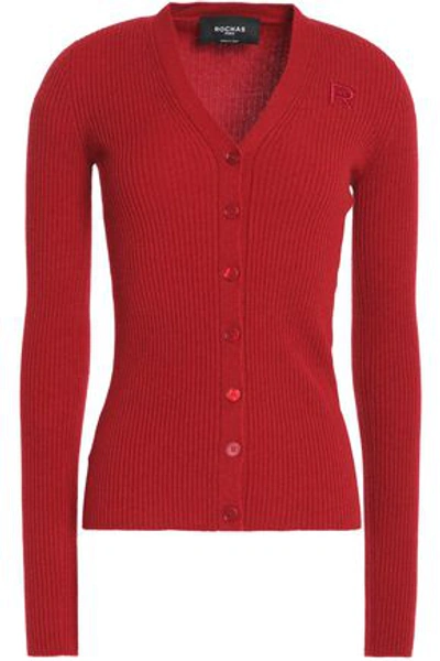 Shop Rochas Woman Ribbed-knit Virgin Wool Cardigan Red