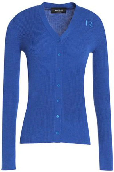 Shop Rochas Embroidered Ribbed-knit Virgin Wool Cardigan In Cobalt Blue