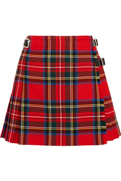 Shop Christopher Kane Dna Glossed Leather-trimmed Tartan Wool Mini Skirt In Red