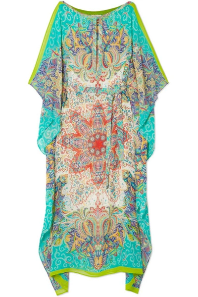 Shop Etro Boavista Printed Silk-georgette Kaftan In Turquoise
