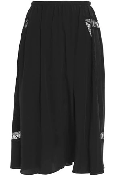 Shop Rochas Woman Lace-trimmed Silk Midi Skirt Black