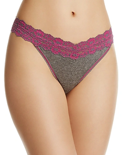 Shop Hanky Panky Heathered Jersey & Lace Original-rise Thong In Gray/amethyst