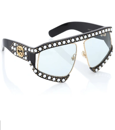 Shop Gucci Faux Pearl-embellished Sunglasses In Black