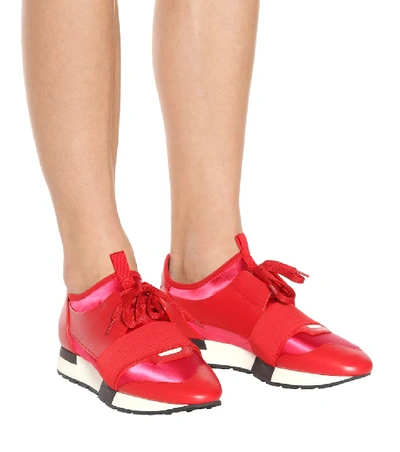 Shop Balenciaga Race Runner Leather Sneakers In Red