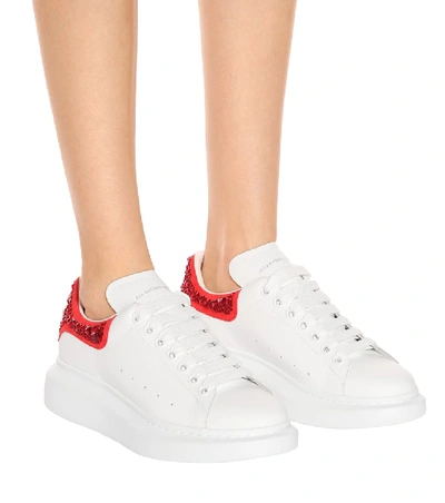 Shop Alexander Mcqueen Embellished Leather Sneakers In White