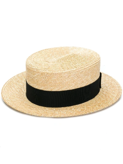 Shop Prada Woven Straw Boater Hat In F0i55 Tan/black