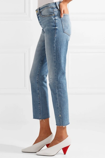 Shop Frame Le High Distressed Cropped Straight-leg Jeans In Mid Denim