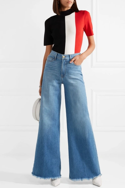 Shop Frame Le Palazzo Frayed High-rise Wide-leg Jeans In Mid Denim