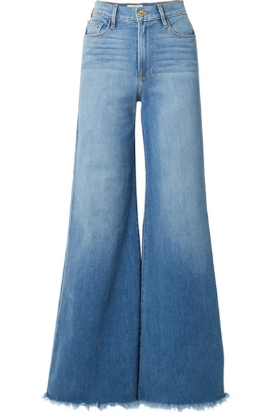 Shop Frame Le Palazzo Frayed High-rise Wide-leg Jeans In Mid Denim