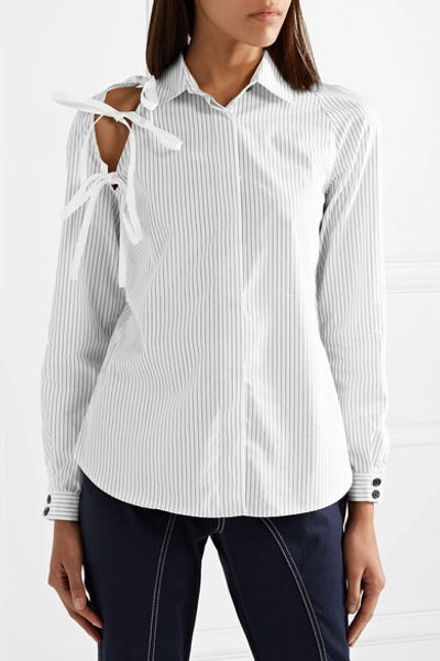 Shop Sandy Liang Lena Tie-detailed Pinstriped Cotton-poplin Shirt In White