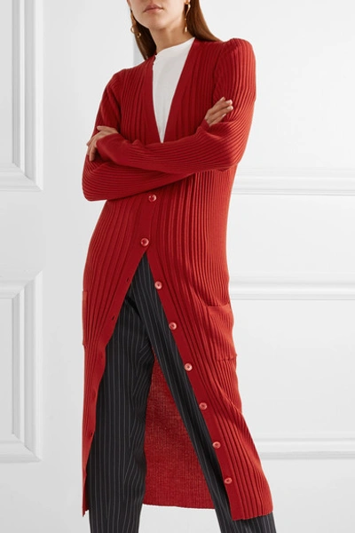 Shop Maison Margiela Ribbed Wool Cardigan In Red