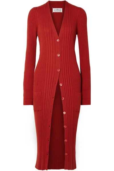 Shop Maison Margiela Ribbed Wool Cardigan In Red