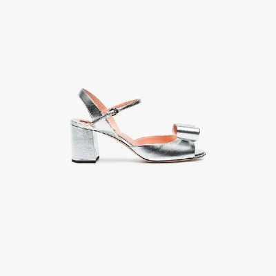 Shop Rochas Silver Bow 70 Leather Sandals In Metallic