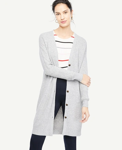 Shop Ann Taylor Ribbed Boyfriend Tunic Cardigan In Silver Frost Heather