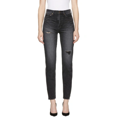 Shop Saint Laurent Black Embroidered Torn Slim-fit Jeans In 1407 Deep D