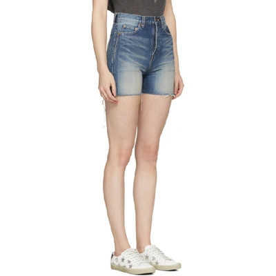 Shop Saint Laurent Blue Denim Embroidered Slim-fit Shorts In 4840 Dirty