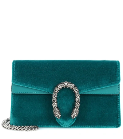 Shop Gucci Dionysus Velvet And Leather Clutch In Blue