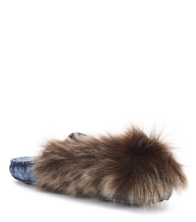 Shop Tod's Gommino Fur-lined Denim Loafers In Blue