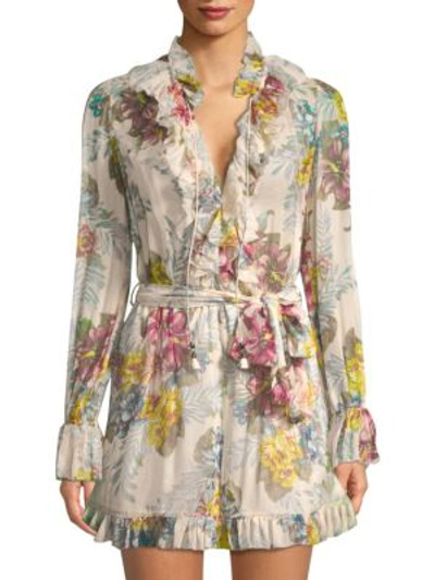 Shop Zimmermann Kali Ruffle Silk Romper In Hibiscus