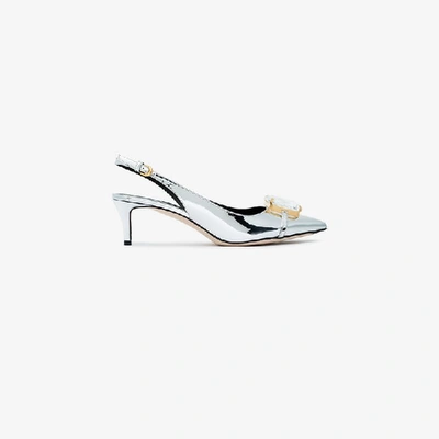 Shop Marco De Vincenzo Silver Crystal 45 Patent Leather Slingbacks In Metallic