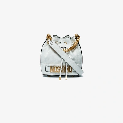 Shop Moschino White Logo Leather Bucket Bag
