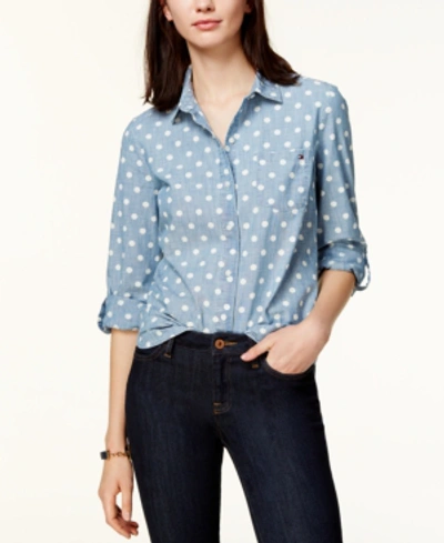 Shop Tommy Hilfiger Women's Cotton Printed Roll-tab Utility Shirt In Chambray Blue