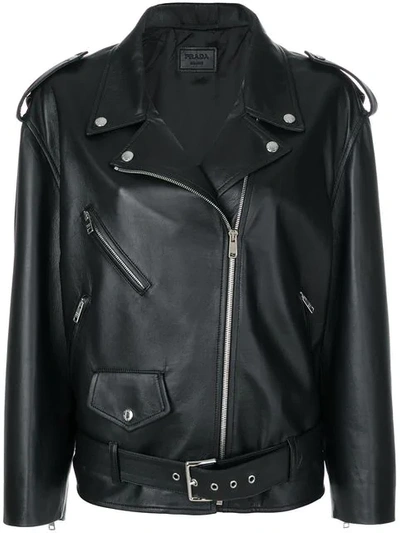 Oversized Matte Leather Biker Jacket In Black