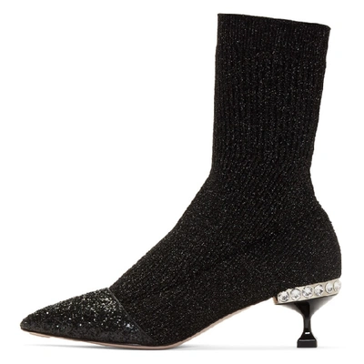 Shop Miu Miu Black Glitter Sock Boots In 002 Black