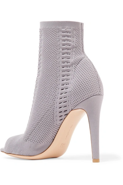 Shop Gianvito Rossi Vires 105 Peep-toe Perforated Stretch-knit Ankle Boots In Dark Gray
