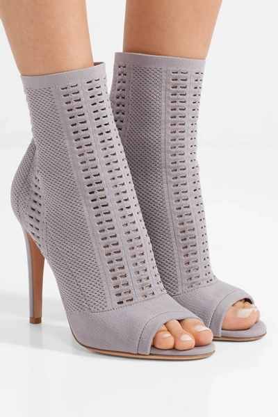 Shop Gianvito Rossi Vires 105 Peep-toe Perforated Stretch-knit Ankle Boots In Dark Gray