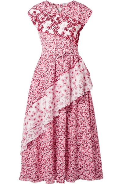 Shop Gül Hürgel Belted Embellished Floral-print Cotton Dress In Red