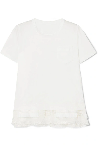 Shop Sacai Lace, Pleated Poplin And Satin-trimmed Cotton-jersey T-shirt In White