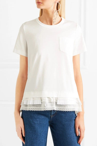 Shop Sacai Lace, Pleated Poplin And Satin-trimmed Cotton-jersey T-shirt In White