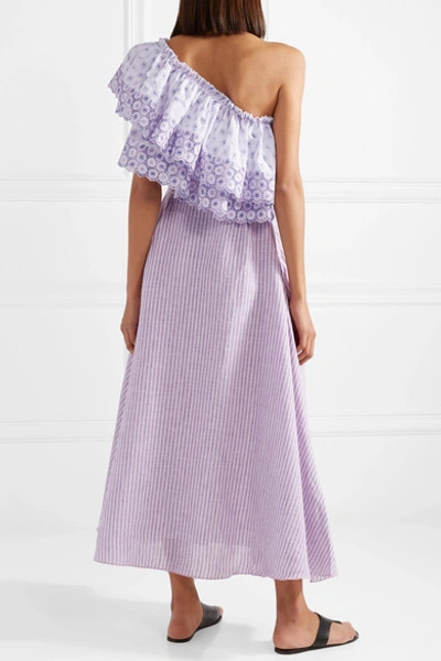 Shop Gül Hürgel One-shoulder Broderie Anglaise-trimmed Striped Linen Dress In Lavender