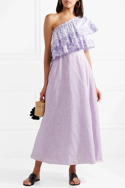 Shop Gül Hürgel One-shoulder Broderie Anglaise-trimmed Striped Linen Dress In Lavender