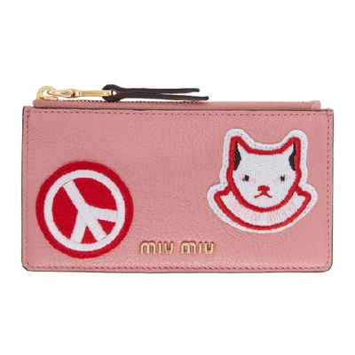 Shop Miu Miu Pink Cat Patch Zipped Card Holder
