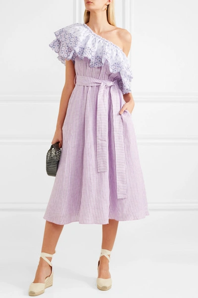 Shop Gül Hürgel Off-the-shoulder Broderie Anglaise-trimmed Striped Linen Dress In Lavender