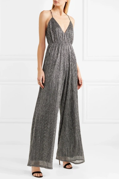 Shop Halston Heritage Plissé Metallic Knitted Jumpsuit In Silver