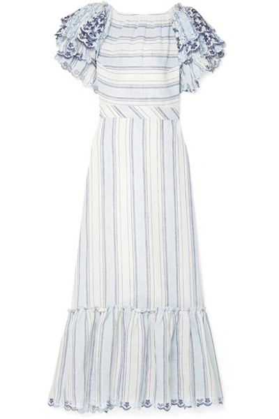 Shop Gül Hürgel Broderie Anglaise-trimmed Ruffled Linen Midi Dress In Blue