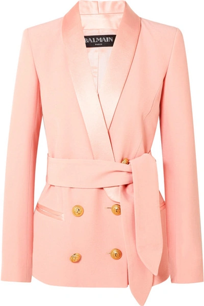 Shop Balmain Belted Double-breasted Crepe Blazer In Baby Pink