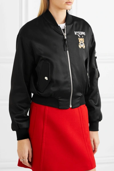Shop Moschino Embroidered Satin Bomber Jacket In Black