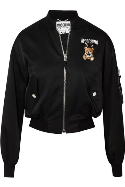 Shop Moschino Embroidered Satin Bomber Jacket In Black