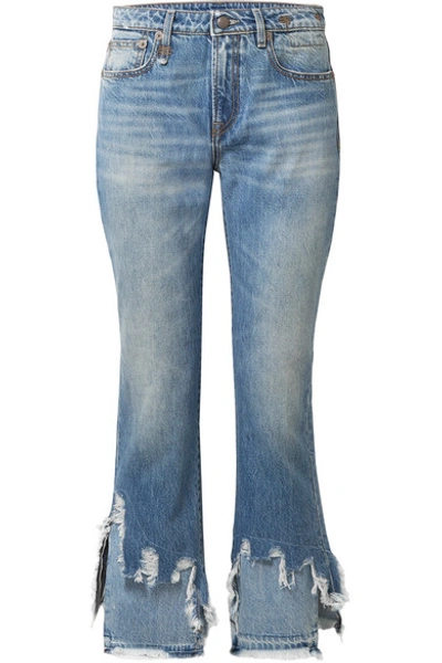 Shop R13 Cropped Distressed Mid-rise Flared Jeans In Mid Denim