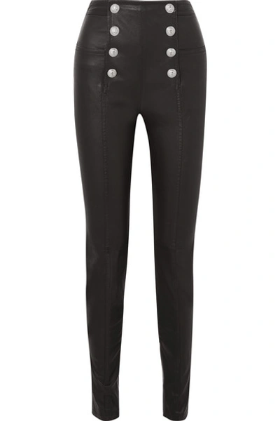 Shop Balmain Button-embellished Leather Skinny Pants In Black