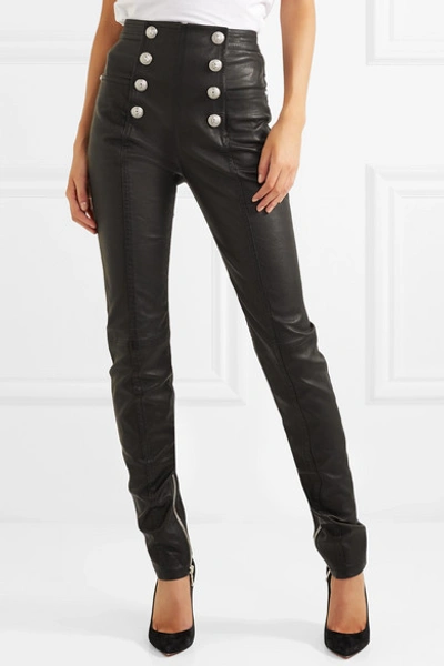 Shop Balmain Button-embellished Leather Skinny Pants In Black