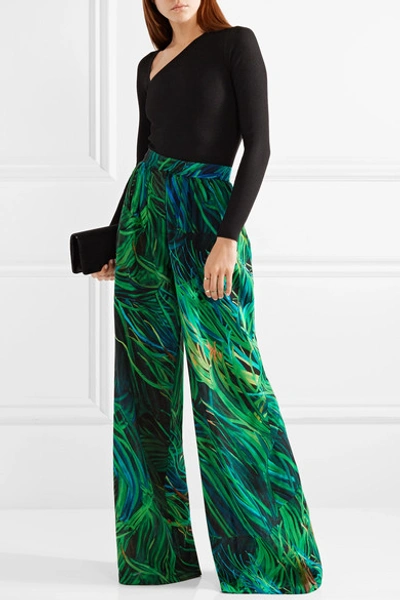 Shop Elie Saab Printed Silk-georgette Wide-leg Pants In Green