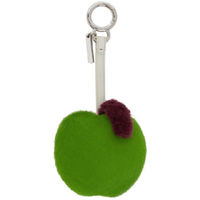 Shop Fendi White And Green Shearling Logo Apple Keychain In F0e49 White