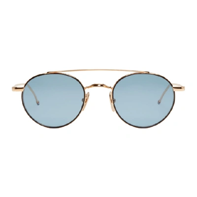 Shop Thom Browne Gold And Blue Tb-101 Round Sunglasses In Gold/blue