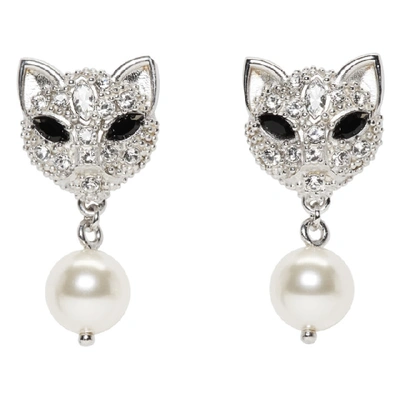 Shop Miu Miu Silver Pearl And Crystal Cat Earrings In F0qcd Pearl